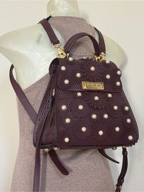 NWT ZAC Zac Posen Eartha Burgundy Perforated Leather Floral Pearl Backpack $630